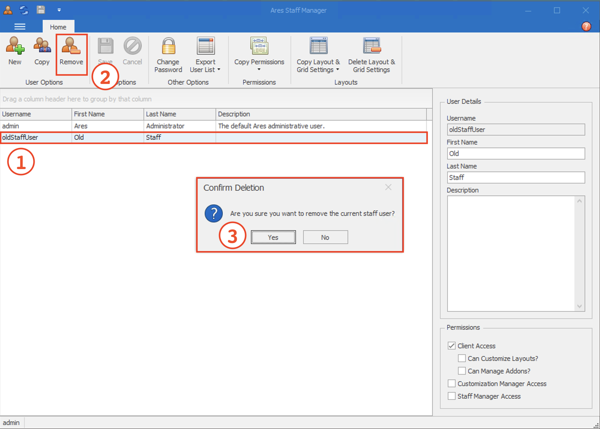 How to remove a staff user in the Ares Staff Manager